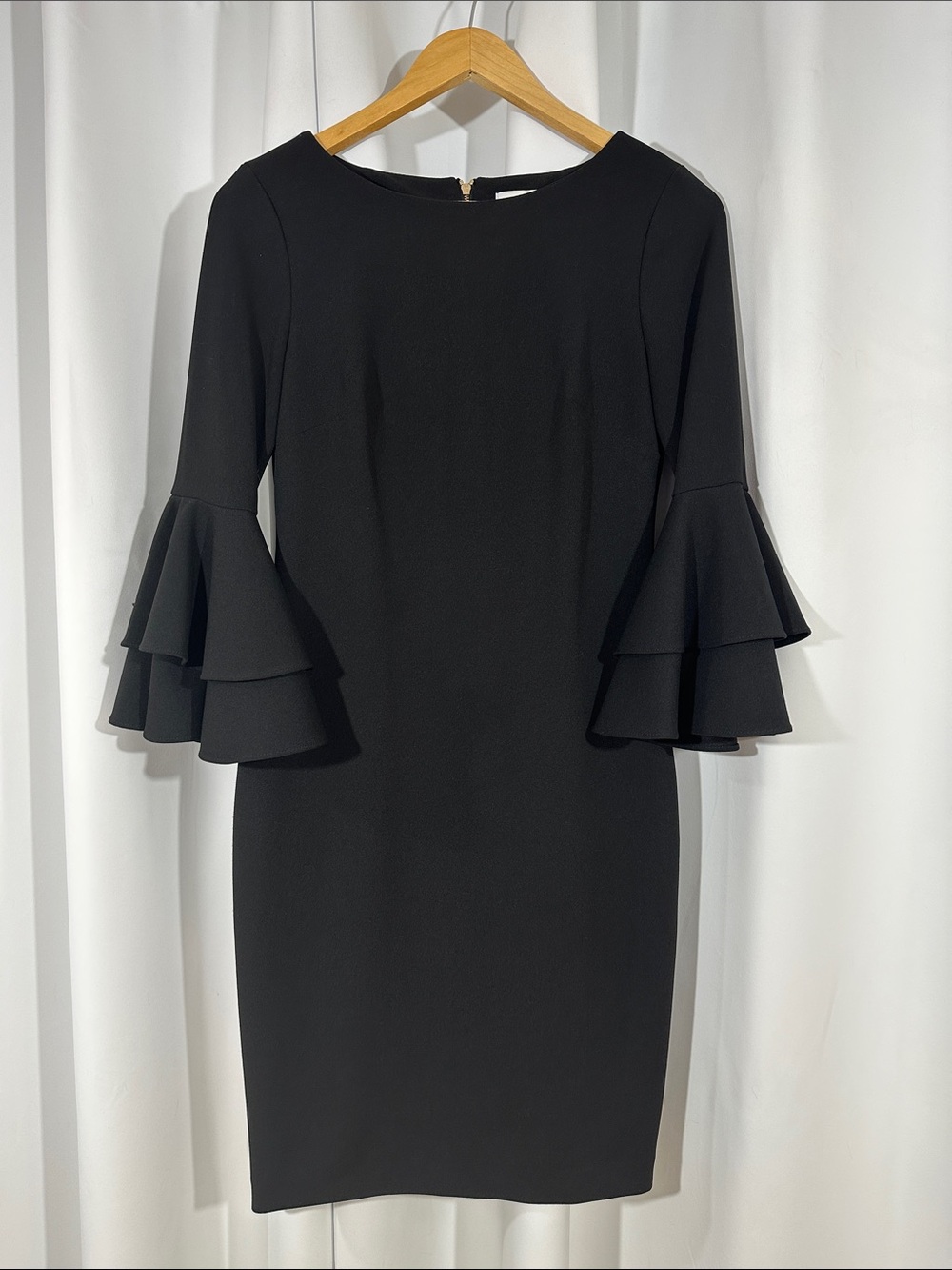 Calvin Klein Black Tiered Bell Sleeve Sheath Dress Size 4 Career Cocktail Office
